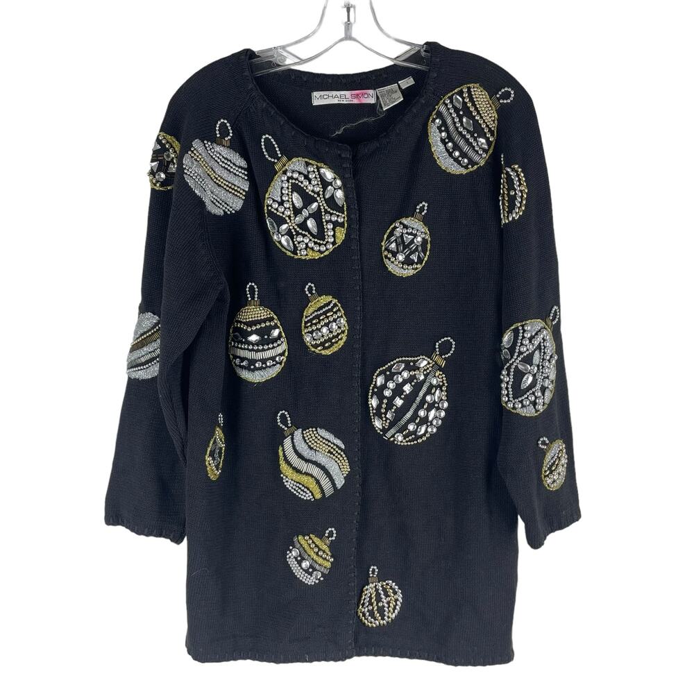 Michael Simon 1991 Christmas Ornaments Cardigan Black Ugly Sweater Size M - Picture 4 of 11